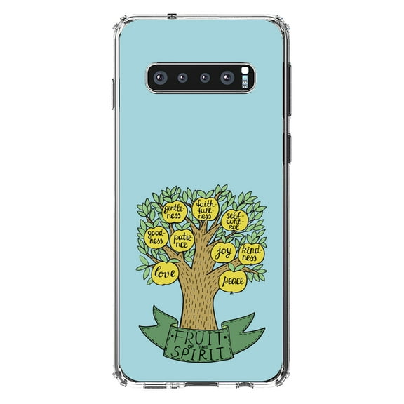 DistinctInk Clear Shockproof Hybrid Case for Samsung Galaxy S10 (6.1" Screen) - TPU Bumper, Acrylic Back, Tempered Glass Screen Protector - Fruit of the Spirith - Tree - Yellow Teal