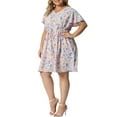 thumbnail image 4 of Agnes Orinda Women's Plus Dresses Floral Drawstring Waist V Neck Dress 1X Pink, 4 of 5