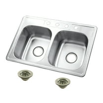 Kingston Brass Studio KGKTD332278 33" Stainless Steel Self-Rimming Double Bowl Drop-In Kitchen Sink with 4-Hole Drain and Strainer, Stainless Steel/Brushed Nickel