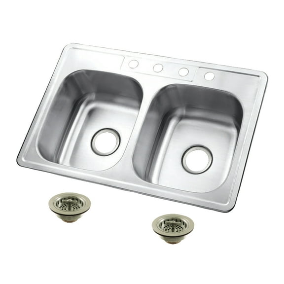 Kingston Brass Studio KGKTD332278 33" Stainless Steel Self-Rimming Double Bowl Drop-In Kitchen Sink with 4-Hole Drain and Strainer, Stainless Steel/Brushed Nickel