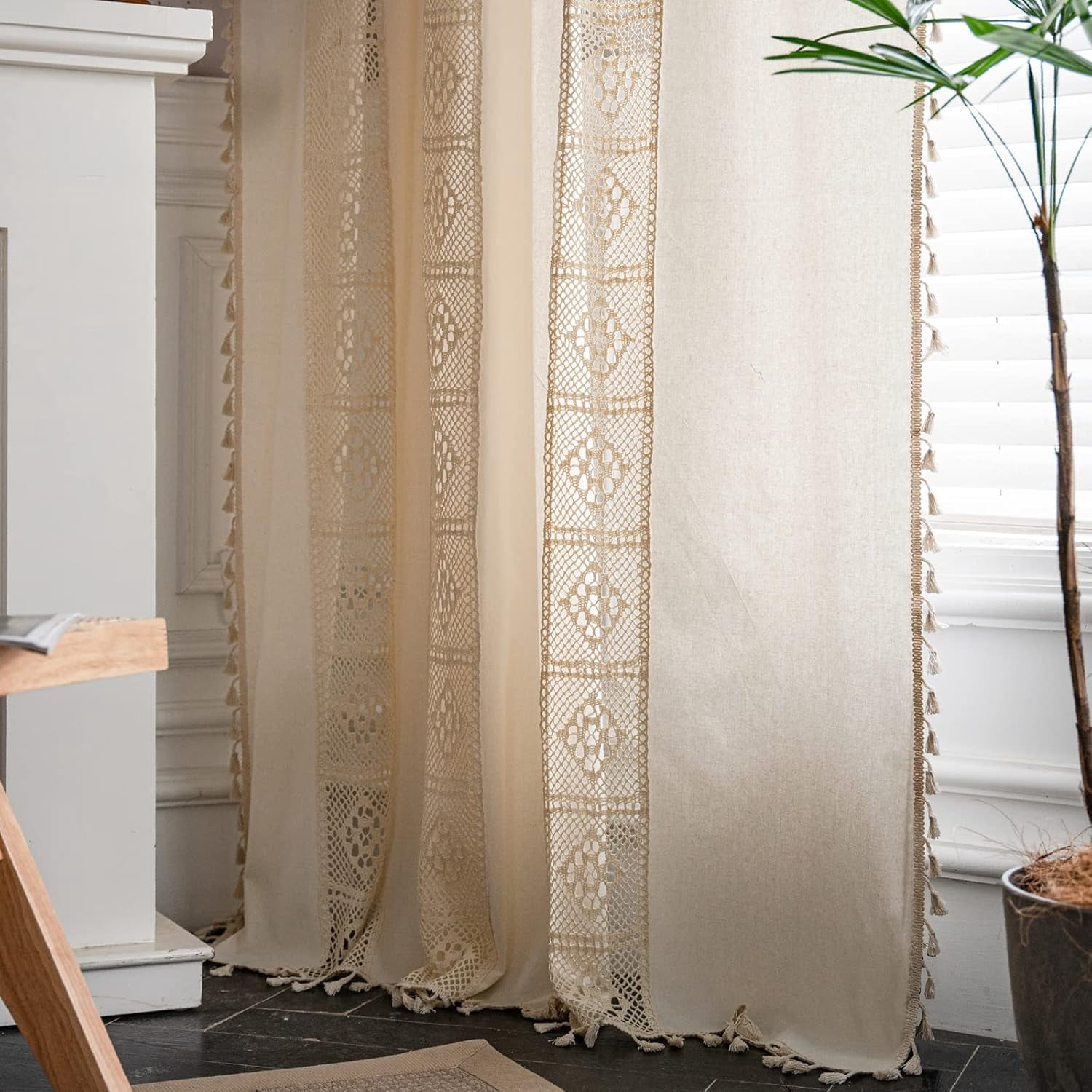 Vireellx Boho Curtains for Bedroom, Cream Hollow Crochet Stripes and Florals Print Cotton Linen Fabric Patchwork, Bohemian Beige Tassel Semi-Blackout Window Panel Farmhouse Drape