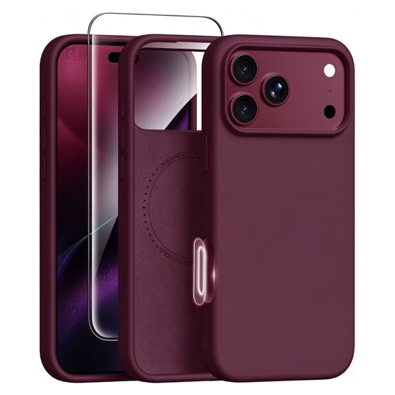 ouhos for iPhone 18 Pro Magnetic Silicone Case, Built-in Screen Protector, Full Camera Lens Protection, Shockproof Drop Resistant Slim Phone Cover, Burgundy