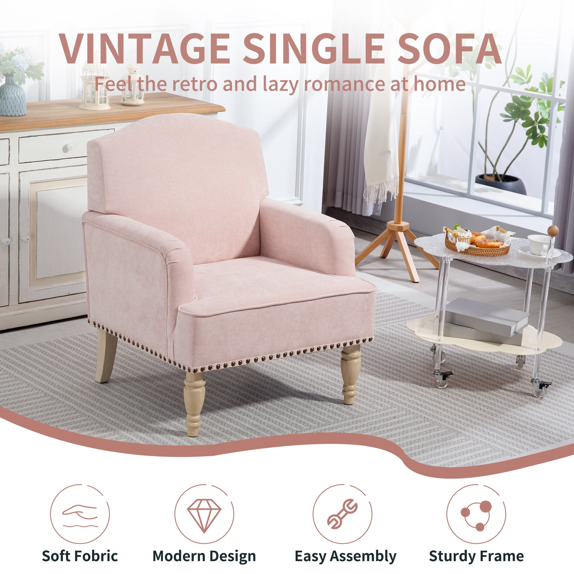 MOONMISS Modern Accent Chair Capacity Retro Wood Legs Nailhead Trim Comfy Upholstered Armchair for Living Room Bedroom,Light pink