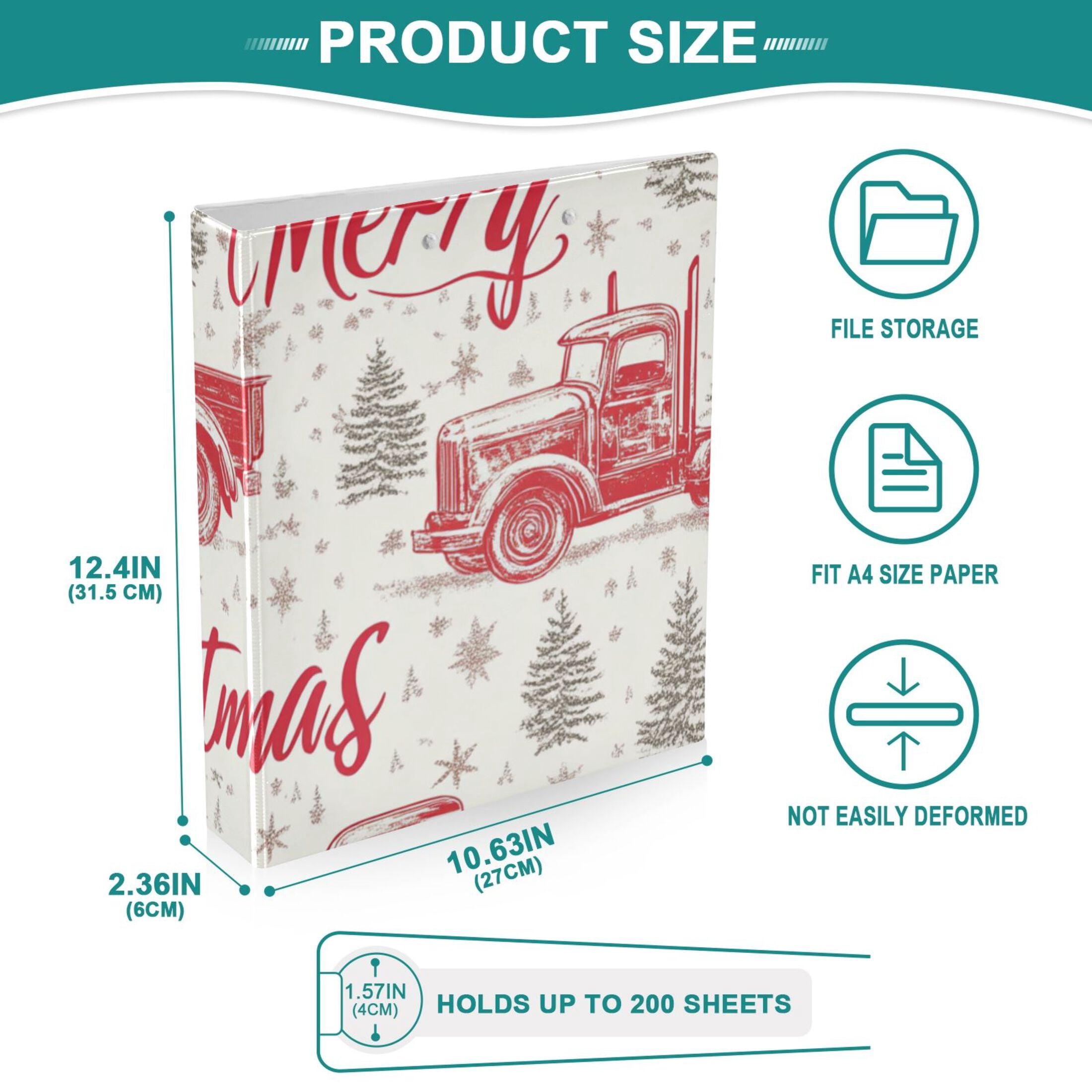 Merry Christmas Trucks 3 Ring Binders 1.5 inch Hardcover File Folders with Interior Pockets A4 Size Organizer for School Office Hospital