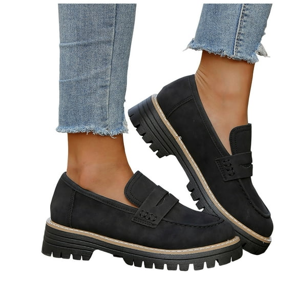 Rokment Classic Slip on Penny Loafers for Women 2026 Spring Fall Fashion Casual Leather Platform Chunky Mid Heels Vintage Solid Oxfords Walking Shoes Black Size 6