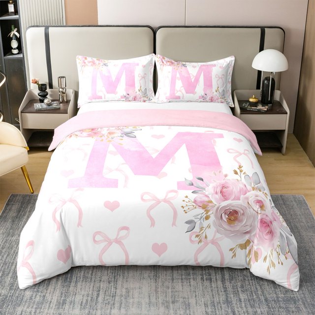 Erosebridal Housse de Couette 100 % Coton pour Filles, Format Simple, Ensembles de Literie Rose Pâle Format Simple, Décor Lettre Initiale m, Réversible 2 Pcs (Sans Couette)