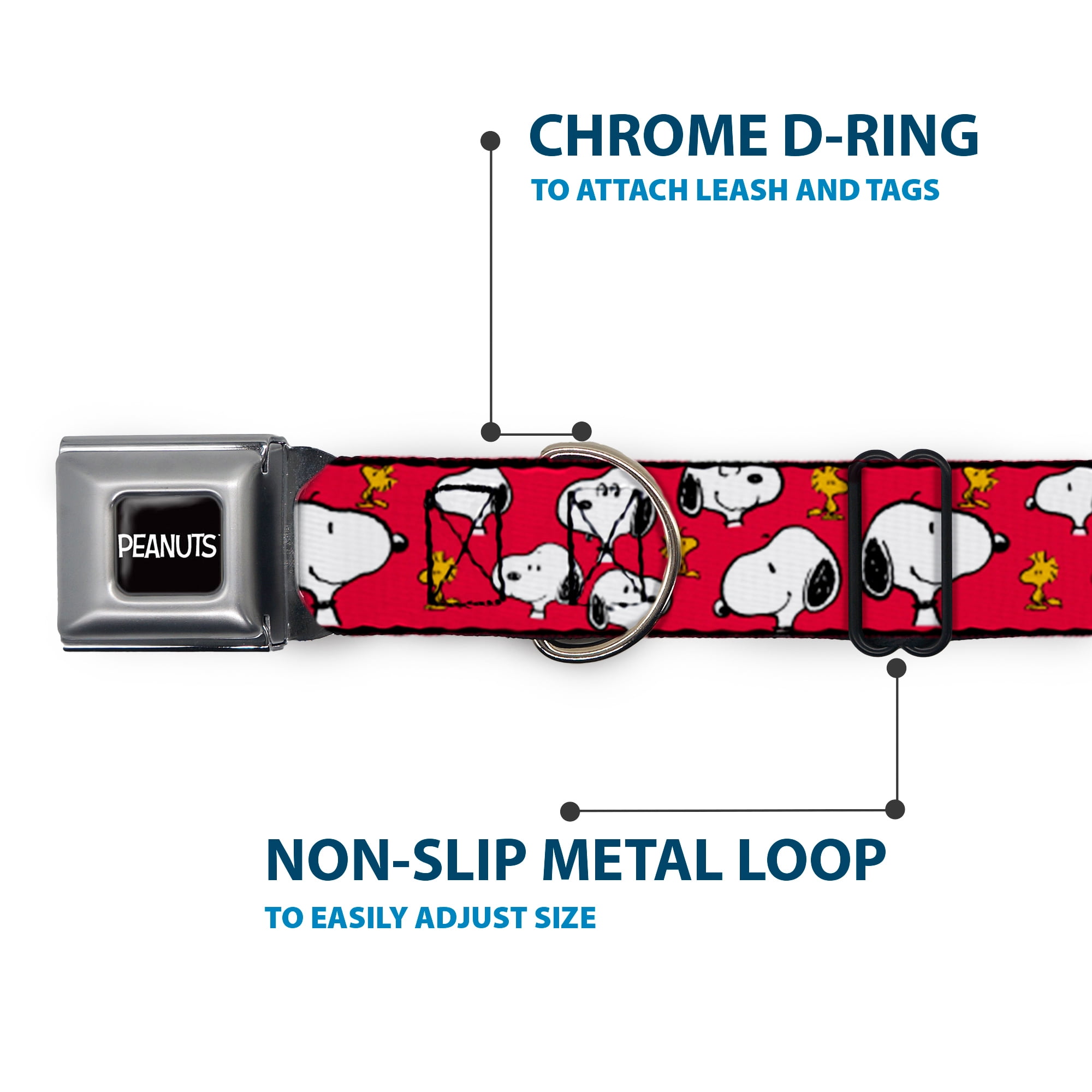 Peanuts Worldwide LLC Pet Collar, Dog Collar Metal Seatbelt Buckle, Peanuts Snoopy and Woodstock Poses Scattered Red, 9.5 to 13 Inches 1.0 Inch Wide