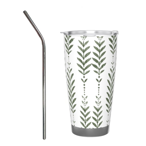 20oz Sage Green Botanical Leaf Insulated Tumbler with Handle and Straw Minimalist Travel Coffee Cup Gift with Stainless Steel Straw
