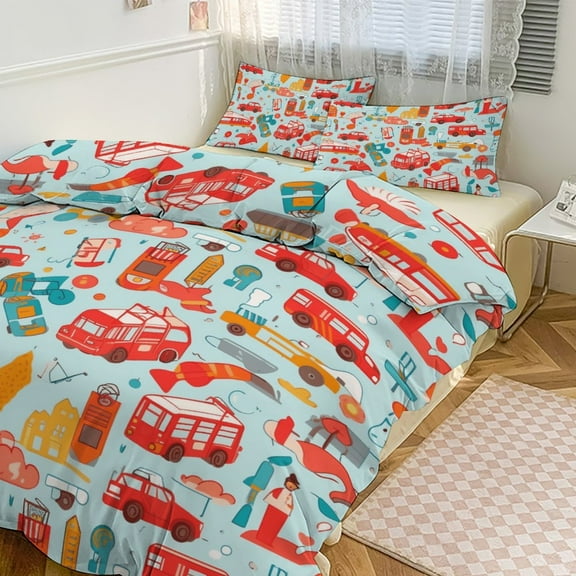 Duvet Cover Queen Size Fire Engine Car Truck 3 Pcs Duvet Cover Set Bedding Sets Queen Soft Breathable