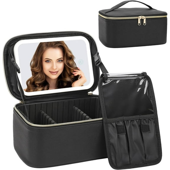Makeup Bag with Led Mirror, Portable Travel Makeup Bag, Makeup Bag Organizer, Cosmetic Bag (Black)