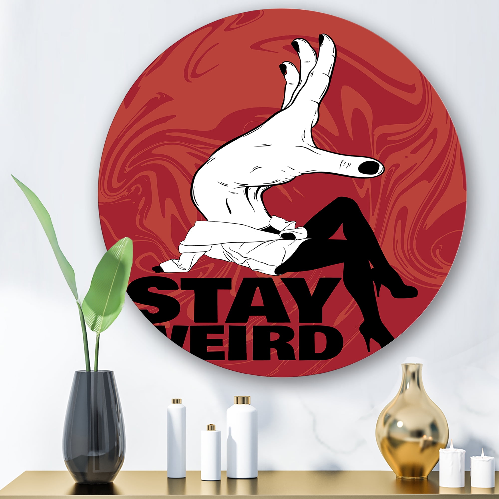 Designart 'Stay Weird Hand Sign' Vintage Circle Metal Wall Art 23x23 - Disc of 23