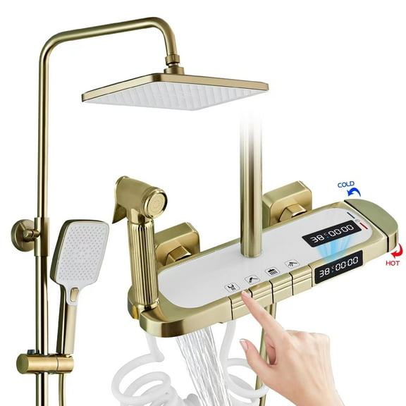Shower System Thermostatic, LED Temperature Display 4 Function Piano Key Shower Set, With 30x20cm High Pressure Shower Heads, Handheld Shower Head, Tub Spout And Bidet Sprayer（Brushed Gold）