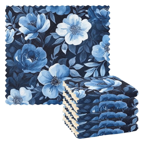 6 Pieces of Kitchen Towels 11x11Inch Kitchen Dish Cloths Kitchen Dish Towels Reuseable Cleaning Cloths Vibrant Blue Flowers
