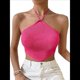 thumbnail image 3 of Top Corto de Punto con Cuello Halter, Sin Mangas y Dobladillo Asimétrico Anudado para Mujer Rosa Roja L, 3 of 5