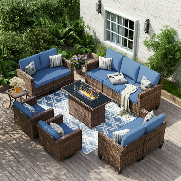 UDPATIO Patio Furniture Set, 7 Pieces Outdoor Furniture Sets with Rocking Swivel Chairs, Wicker Rattan Outdoor Conversation Set with Gas Fire Pit Table and Waterproof Covers for Backyard, Deck, Porch