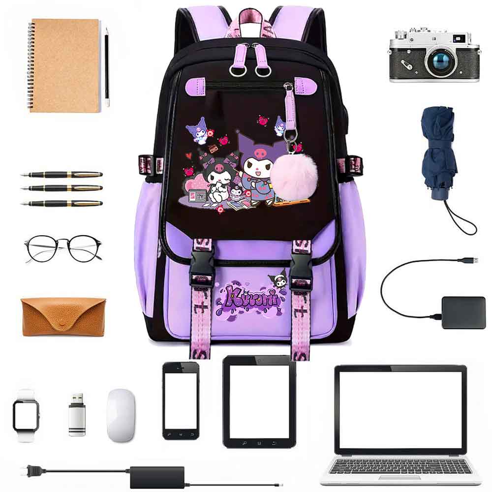Sanrio Kuromi Backpack with Exquisite Pendant, Middle School Laptop Backpack Student Cute Schoolbag Casual Backpack Travel Backpack, Black Purple
