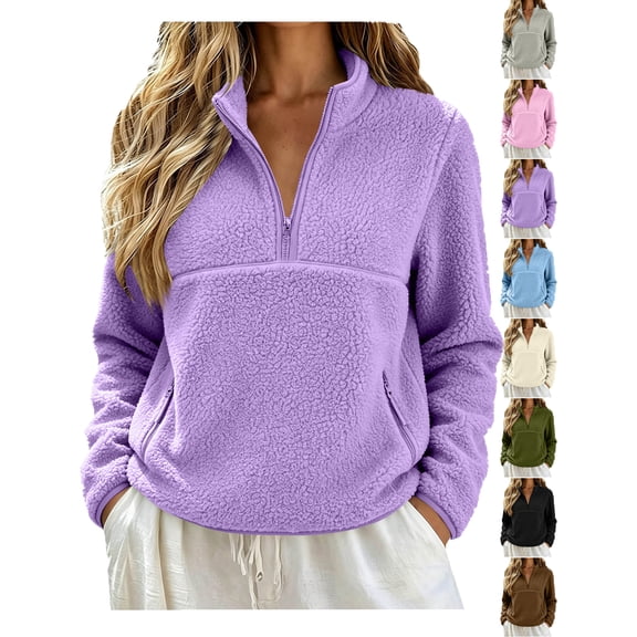 Fleece Quarter Zip Pullover Women, Warm Fuzzy Stand Collar Sweatshirt with Side Zipped Pockets