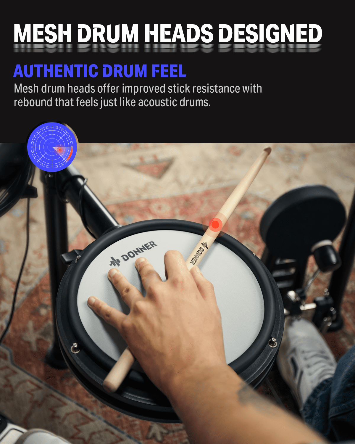 Donner Adults Electric Drum Set with 425 Sounds, with Dual Zone Quiet Mesh Pads for Professional Drummers