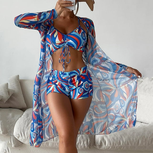 Weiqiqre Two Piece Swimsuit for Women 3 Pcs Swimsuit Printed Ruched Long Sleeve Robe Bikini Shorts Swimwear