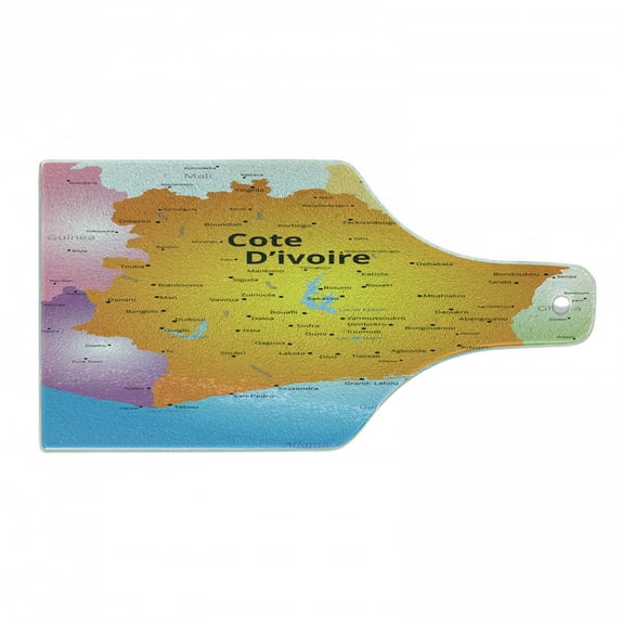 Ivory Coast Cutting Board, Cote D'Ivoire Map Illustration with Vivid Colors Country and Cities, Decorative Tempered Glass Cutting and Serving Board, in 3 Sizes, by Ambesonne