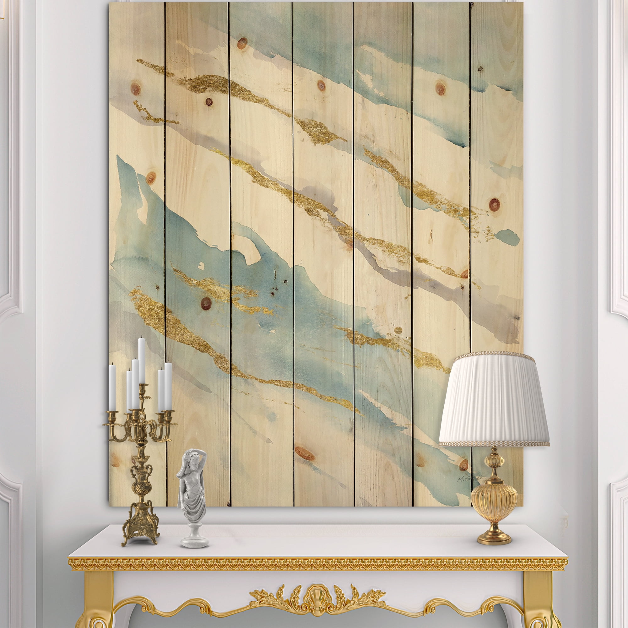 Designart 'Abstract Drift Blue and Gold' Posh & Lux Print on Natural Pine Wood