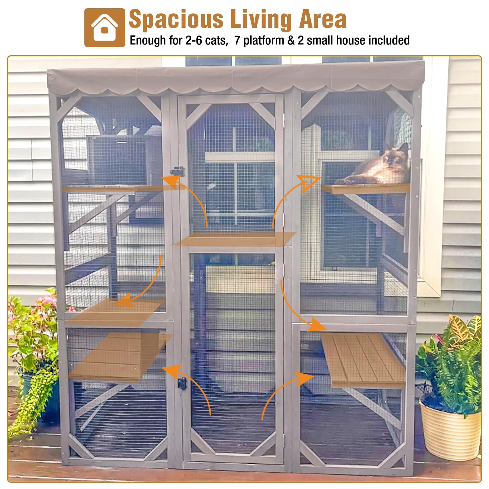 Wooden Outdoor Cat Enclosure with Condos and Waterproof Roof, Large Walk-in Catio for Multiple Cats, Indoor Shelter with Jumping Platforms, Grey