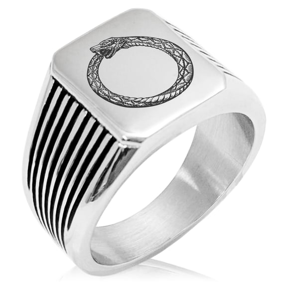 Tioneer Stainless Steel Greek Mythology Ouroboros Needle Stripe Pattern Biker Style Polished Ring