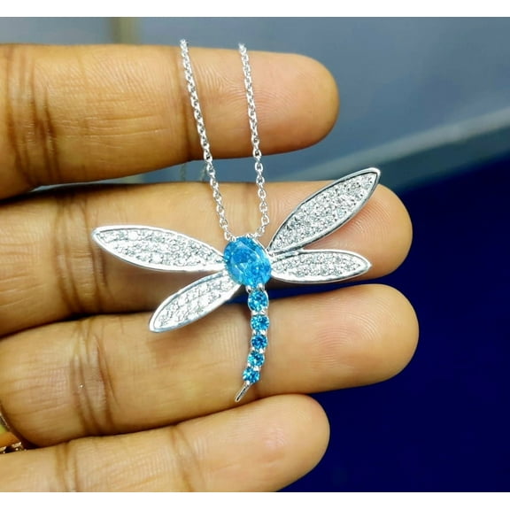 2.20Ct Oval Cut Simulated Blue Topaz Diamond Dragonfly Pendant Necklace 14K White Gold Plated