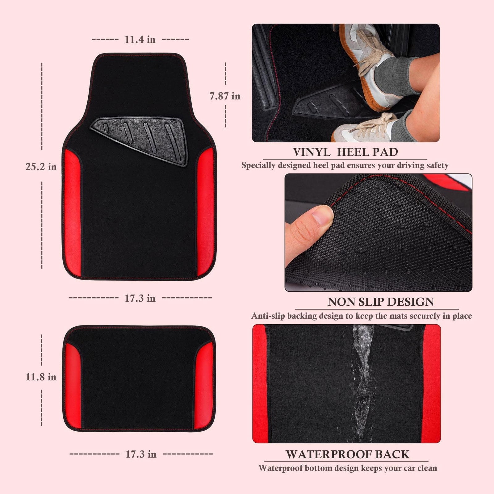 CAR GRAND Faux Leathercar Steering Wheel Cover Combo Pack Car Floor Mats, Universal Fit Waterproof Anti-slip Carpet 14.5-15 Inches Red & Black