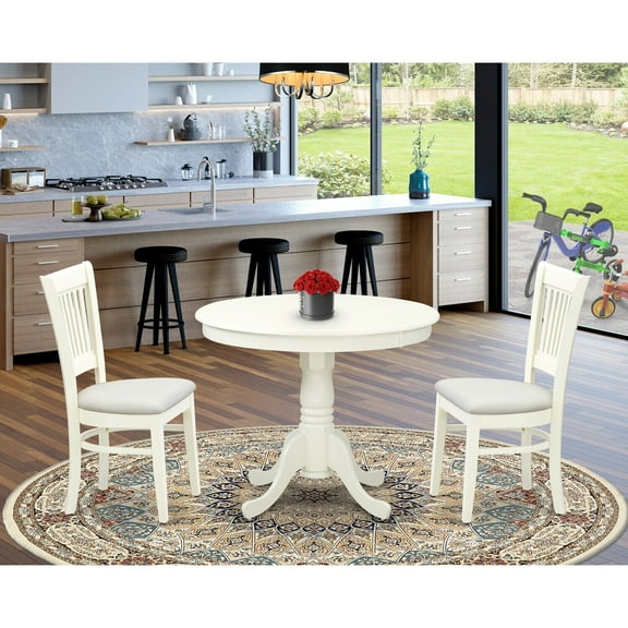 Modern 3Pc Dining Set - Round Table & 2 Chairs - Linen Fabric Seat - White Finish
