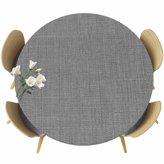 Round Table Cover 55-60 Inch Vintage Dark Gray Waterproof Reusable Table Cloth Round Fitted Vinyl Tablecloth with Elastic Edged for Parties Outdoors, Farmhouse Retro Solid Color Linen Texture