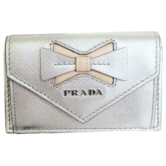 Prada Ribbon Saffiano Metallic Silver and Beige Leather Trifold Wallet