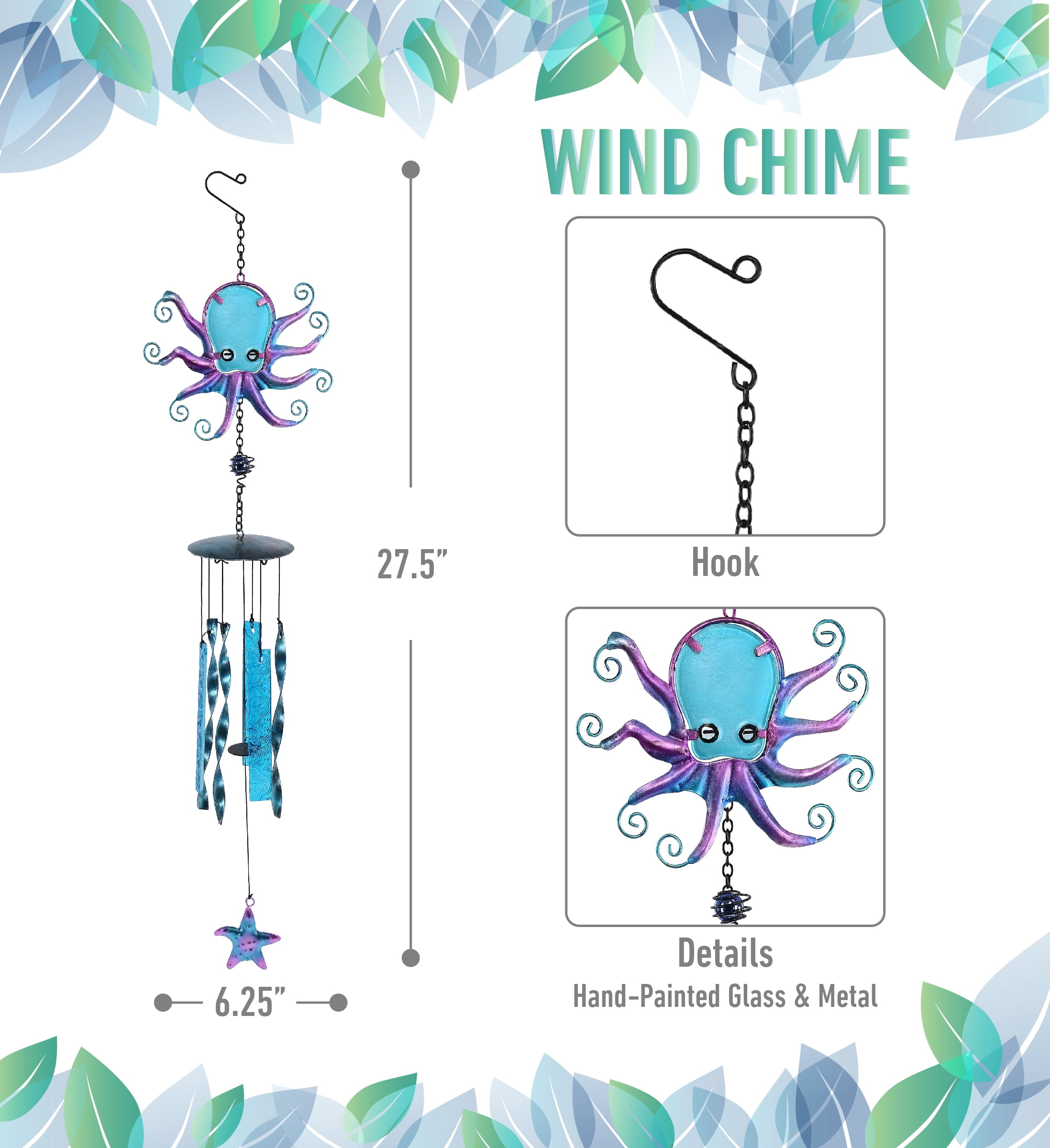 CoTa Global Octopus Wind Chime - Handmade Glass and Metal Chime - Ocean Life Hanging Decor - Colorful Home Decor Gift, Indoor and Outdoor Hanging Decoration for Porch, Patio and Garden – 27.5 Inches