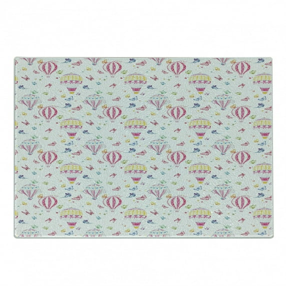Girly Cutting Board, Watercolor Style Hot Air Balloons with Butterflies Colorful Kids Pattern, Decorative Tempered Glass Cutting and Serving Board, in 3 Sizes, by Ambesonne