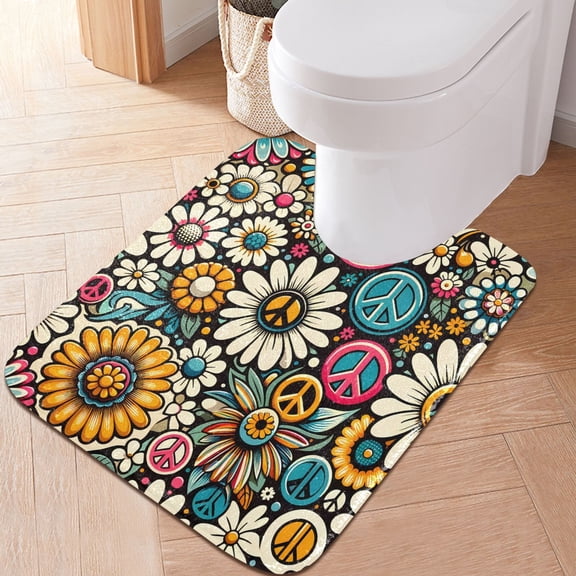 Toilet Rug U-Shaped Bathroom Rugs Non-Slip Soft Plush Machine Washable Contour Bath Mat Daisy Flower and Peace Symbol 24x20