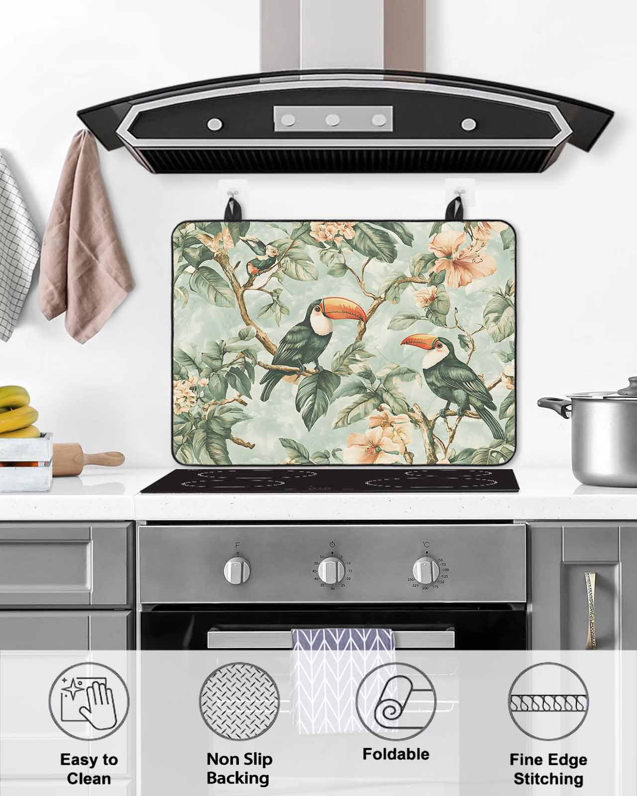nqOlkjepod Large Induction Cooktop Protector Mat 24"x21", Flower Bird Stove Top Covers for Electric Stove, Pink Flower Green Palm Leaves Watercolor Stove Burner Cover Mats, Glass Top Stove Cover