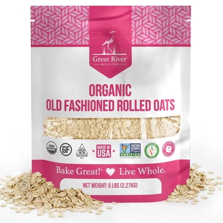 Great River Milling Organic Old Fashioned Rolled Oats  Gluten Free Whole Grain, USDA Organic, Non-GMO, Kosher  Hearty Texture for Oatmeal, Granola, Cookies, Baking & Meal Prep  5 Lb