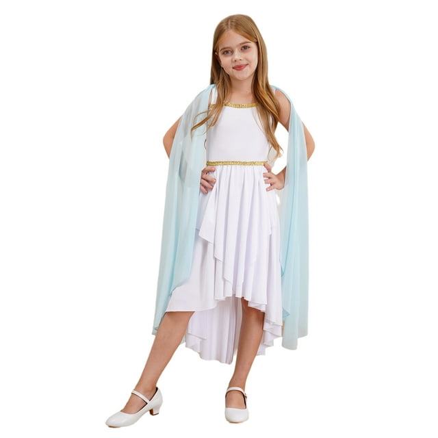 YiZYiF Enfants Filles Grecque Rome Égypte Toge Princesse Costume Sans Manches Tulle Châle Robe Patchwork pour Halloween Cosplay Bleu Clair 16