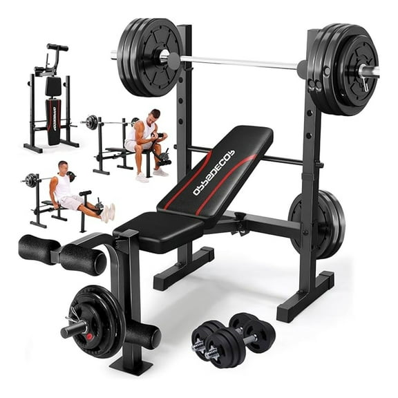 Multi-Function Weight Set with Squat Rack Leg Extension & Leg Adjustable Workout for Full Body Fitness Foldable Flat/Incline/Decline Upgrade Press for Home Gym