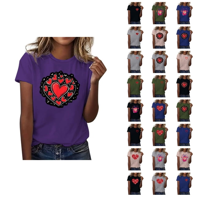 T-shirts de la Saint-Valentin pour Femmes 2026 à la Mode Manches Courtes Col Rond avec Cœur Graphique