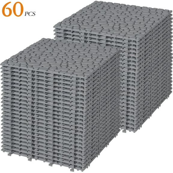 60 PCS Interlocking Deck Tiles 12" x 12", Plastic Patio Tiles Outdoor Flooring Deck Tiles, Waterproof Outdoor All Weather, Floor Tiles for Balcony Backyard Indoor Outdoor, Gray(Pebble Stone Pattern)