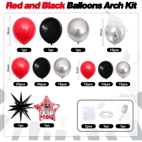 SHILIU-Red and Black Balloon Arch Kit, Red Black Silver Balloons Garland Arch Kit, Star Foil Balloons, Silver Confetti Balloon For Graduation Birthday Anniversary Engagement Party Wedding Decorations