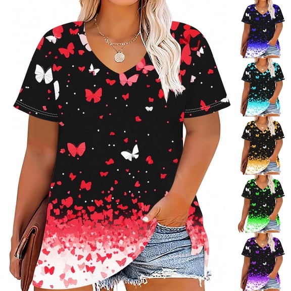 Daiosportswear Plus Size Women Butterflies Print Short Sleeve Tops,Womens Tops