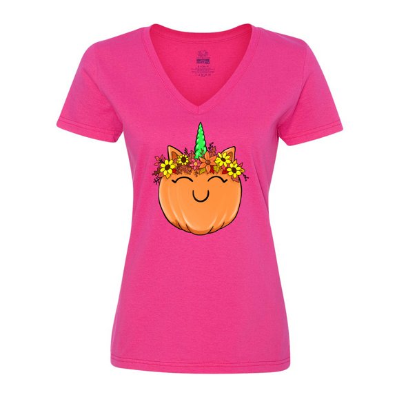 Inktastic Pumpkin Unicorn for Halloween and Thanksgiving Women's V-Neck T-Shirt