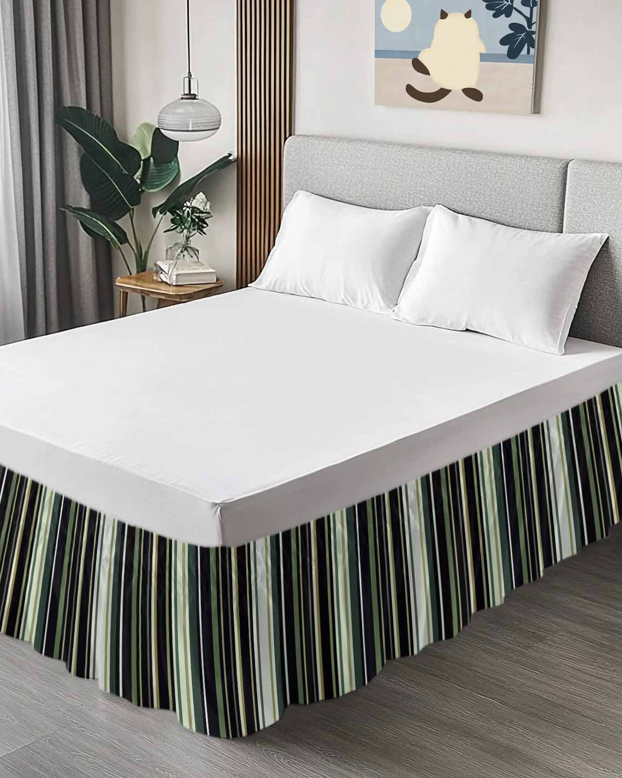 Black Green Bed Skirt Stripe Bed Skirts Queen Size 18 Inch Drop, Wrap Around Dust Ruffle&nbsp;Bedskirt with Adjustable Elastic Belt for Queen Size Beds