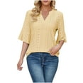 thumbnail image 2 of Jalioing Womens 3/4 Sleeve Blouse Notched V-Neck Shirt Top Solid Color Casual Pullover T-Shirt Tops (Medium, Yellow), 2 of 7