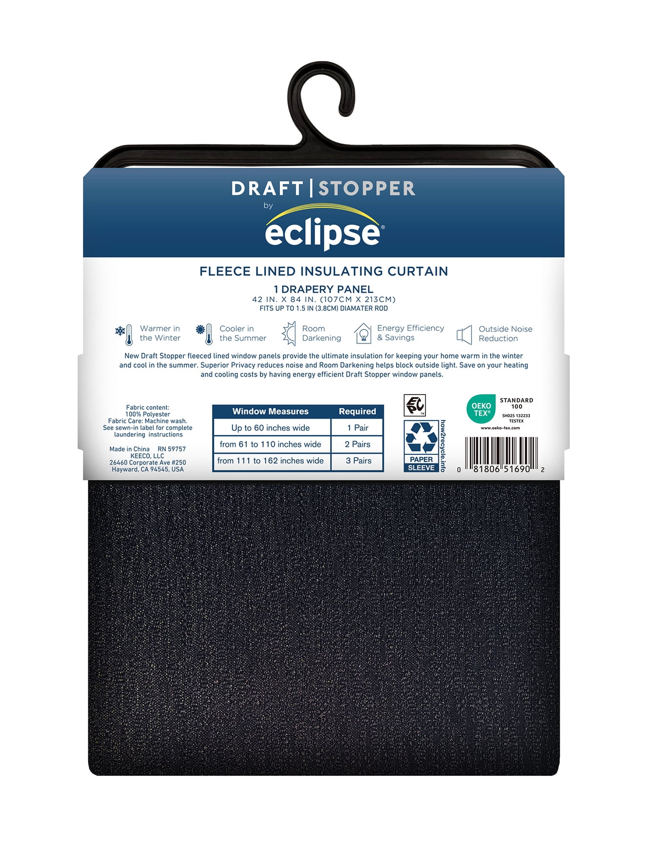 (2 pack) Eclipse Draft Stopper Room Darkening Fleece Lined Rod Pocket, Single Curtain Panel, Black, 42" W x 84" L