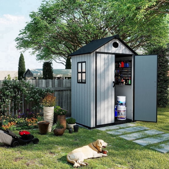 ZYJOYY Resin Outdoor Storage Shed 6' x 4.4', Plastic Storage Shed with Floor & Window for Backyard, Garden Tools, Lawn Mower & Outdoor Storage, Cement Gray