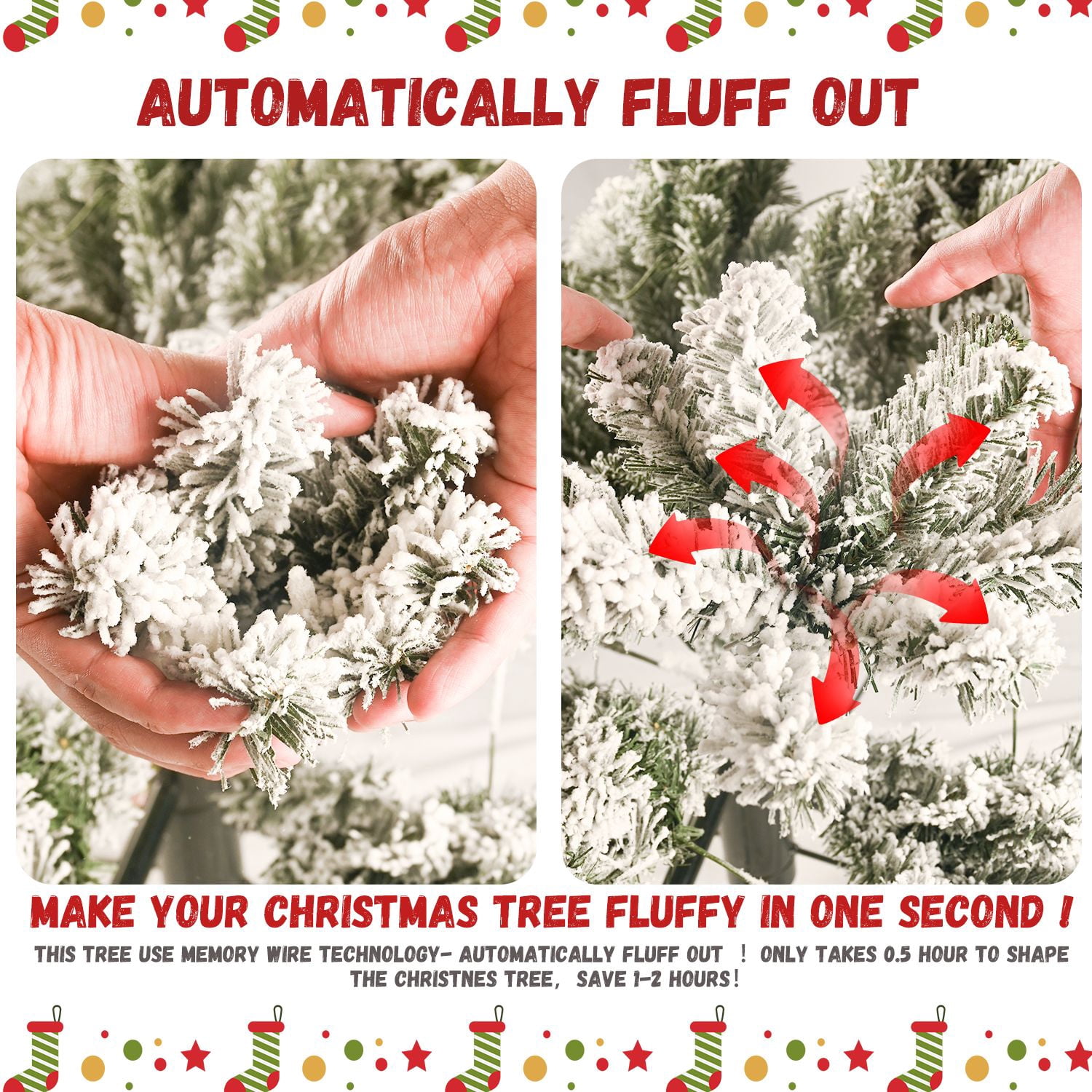 Alvantor 7.5FT Flocked Christmas Tree Full-Body Holiday Tree with 1252 Tips for Indoor Holiday Decoration White