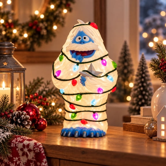 7.87 Inch Light-Up Blow Mold Bumble Christmas Decor, Retro Snowman-Style Resin Figurine with Colorful Bulbs and Silver Star, Vintage Tabletop Holiday Decoration for Mantel, Shelf and Desk